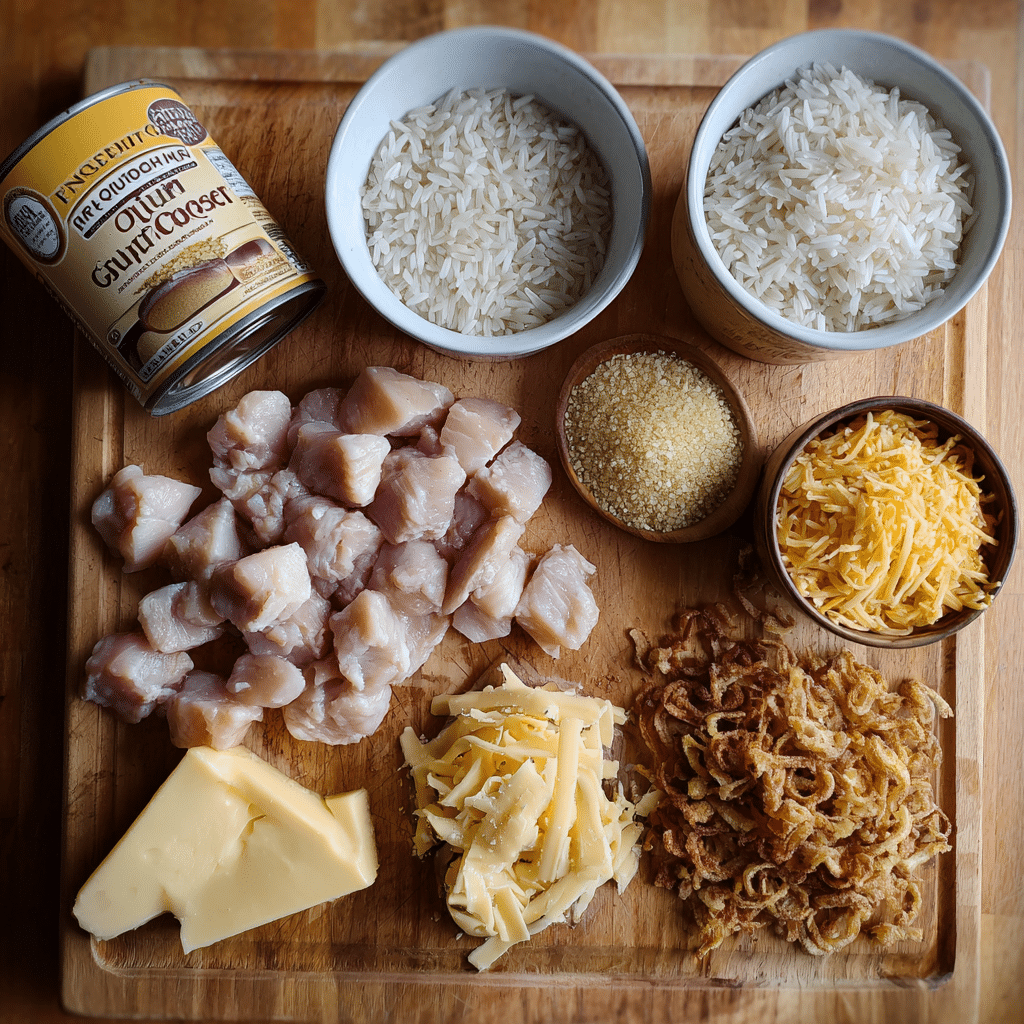 Ingredients for French Onion Chicken & Rice on kitchen counter