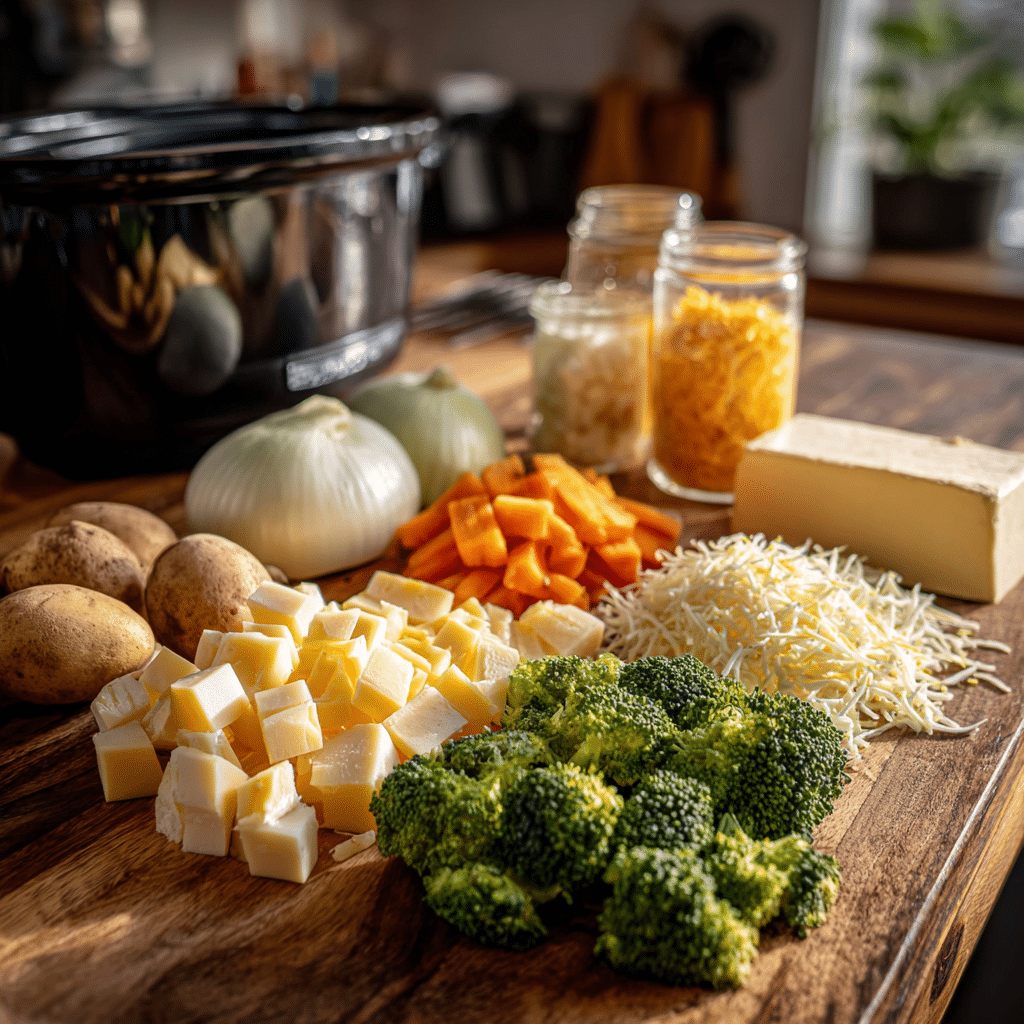 Ingredients for Slow Cooker Cheesy Potato & Broccoli Soup on a counter