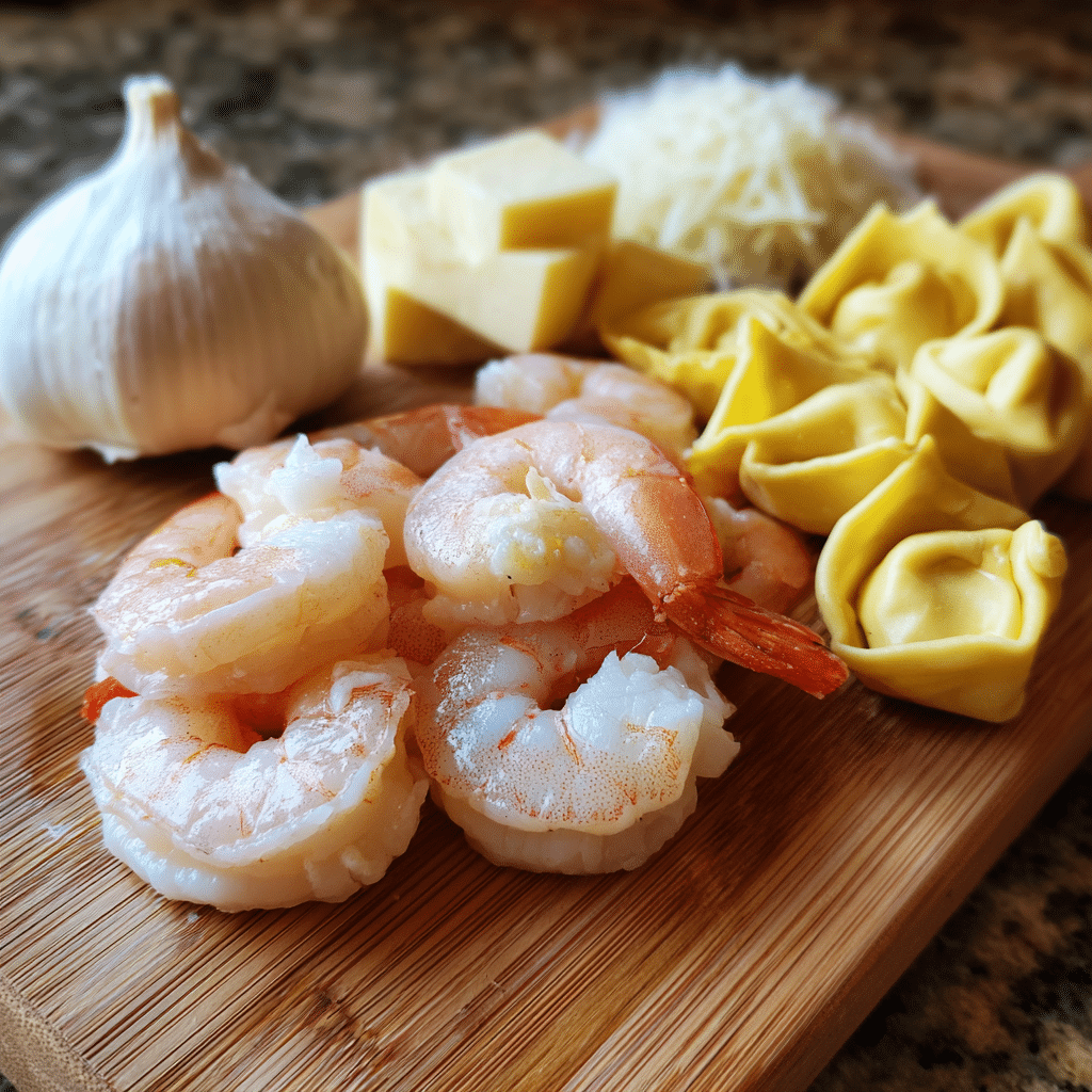 Fresh shrimp and tortellini ingredients for lemon garlic cream sauce
