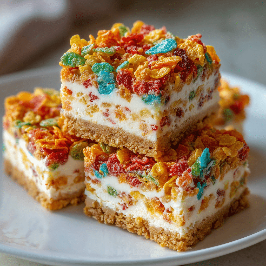 Fruity Pebbles Cookie Cheesecake Bars stacked on plate