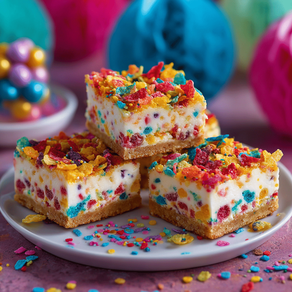 Fruity Pebbles Cookie Cheesecake Bars served on dessert table