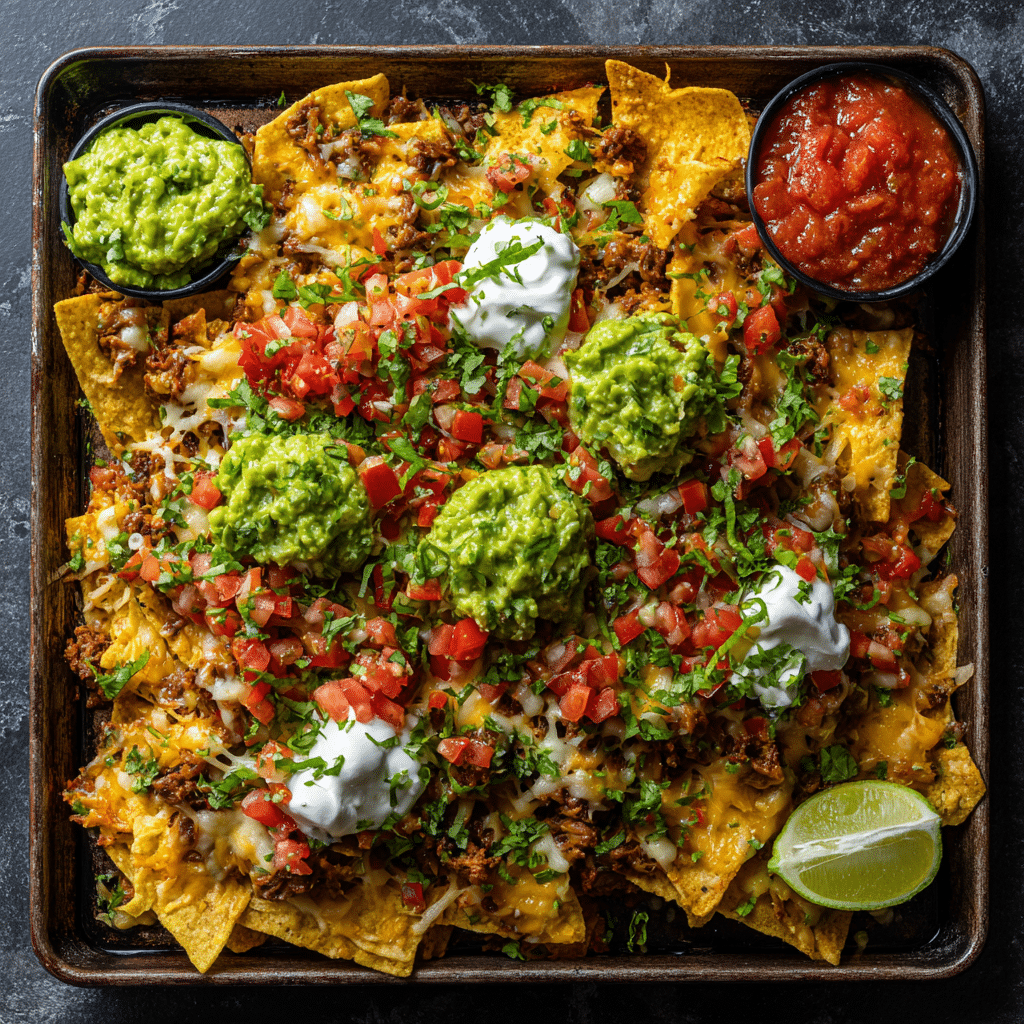 Fully loaded nachos with fresh guacamole and sour cream