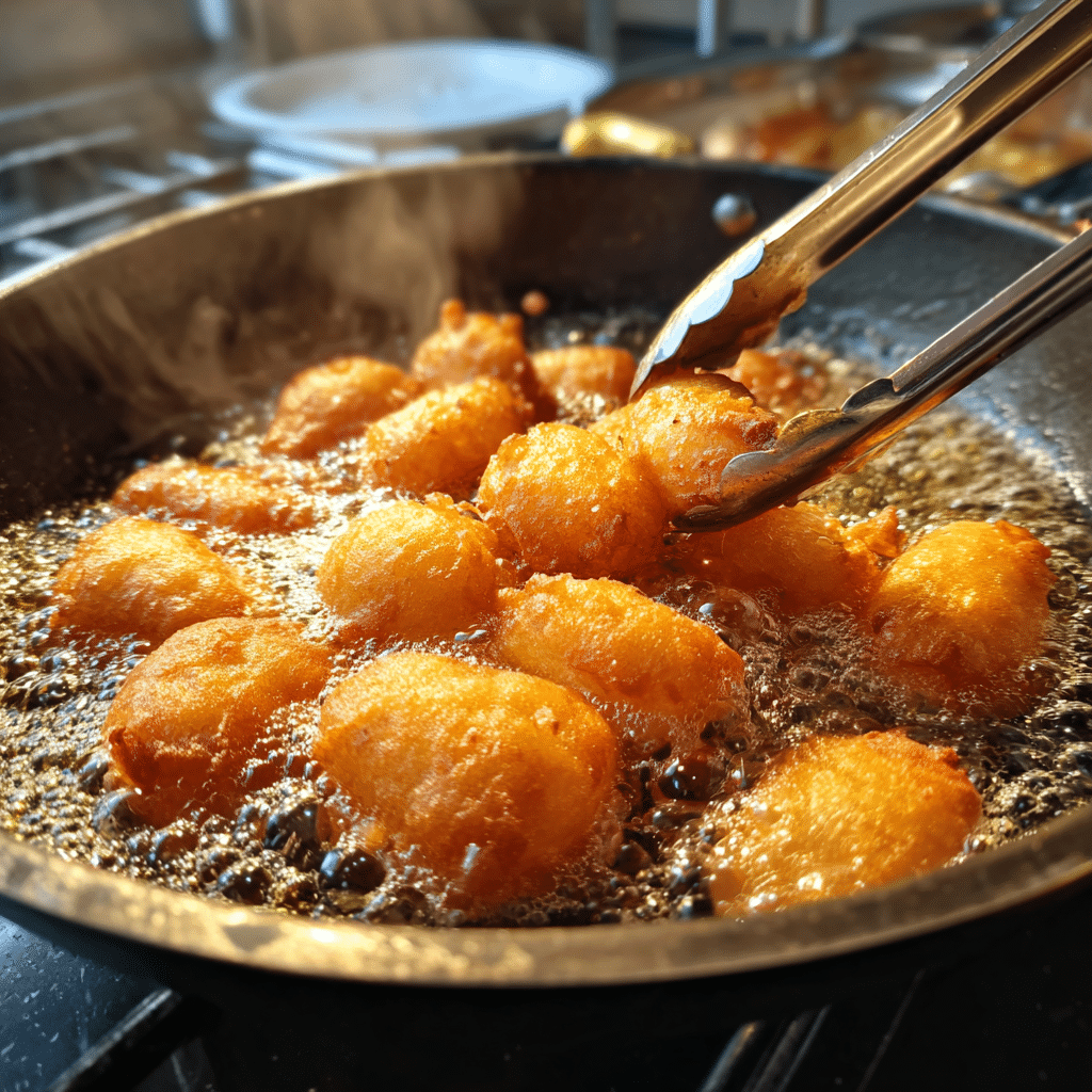 Frying Funnel Cake Bites in hot oil