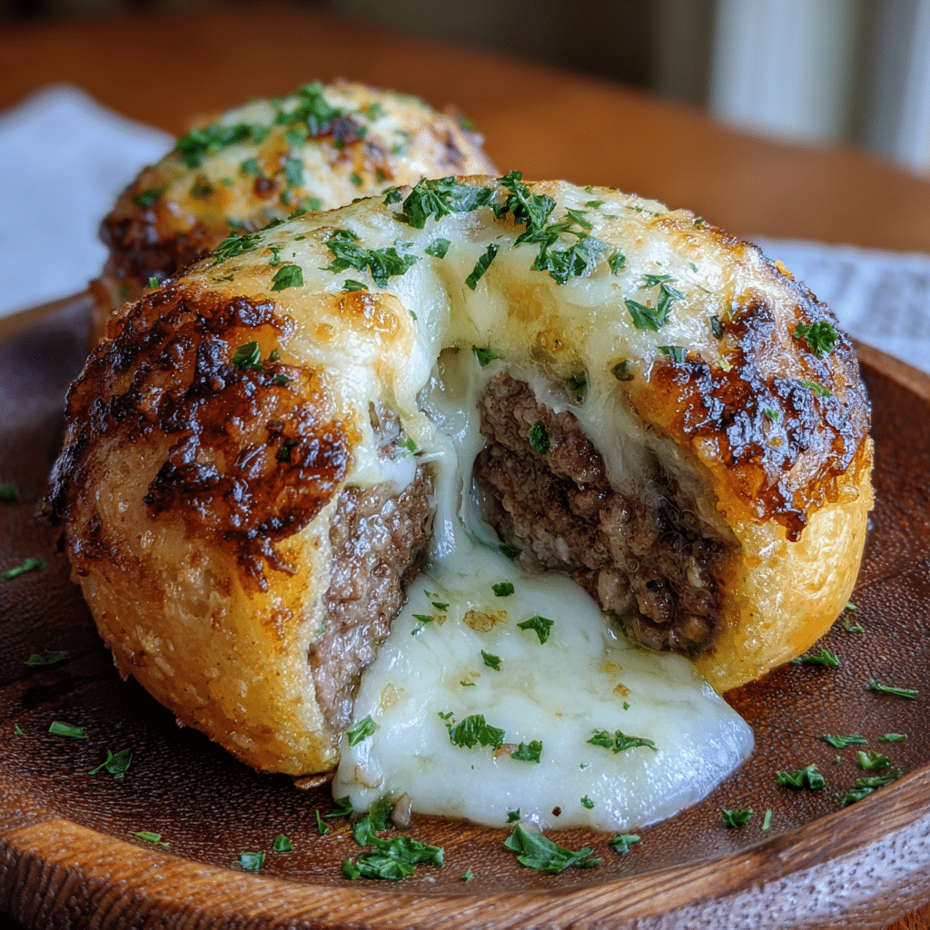 Garlic Parmesan Cheeseburger Bomb with melted mozzarella center