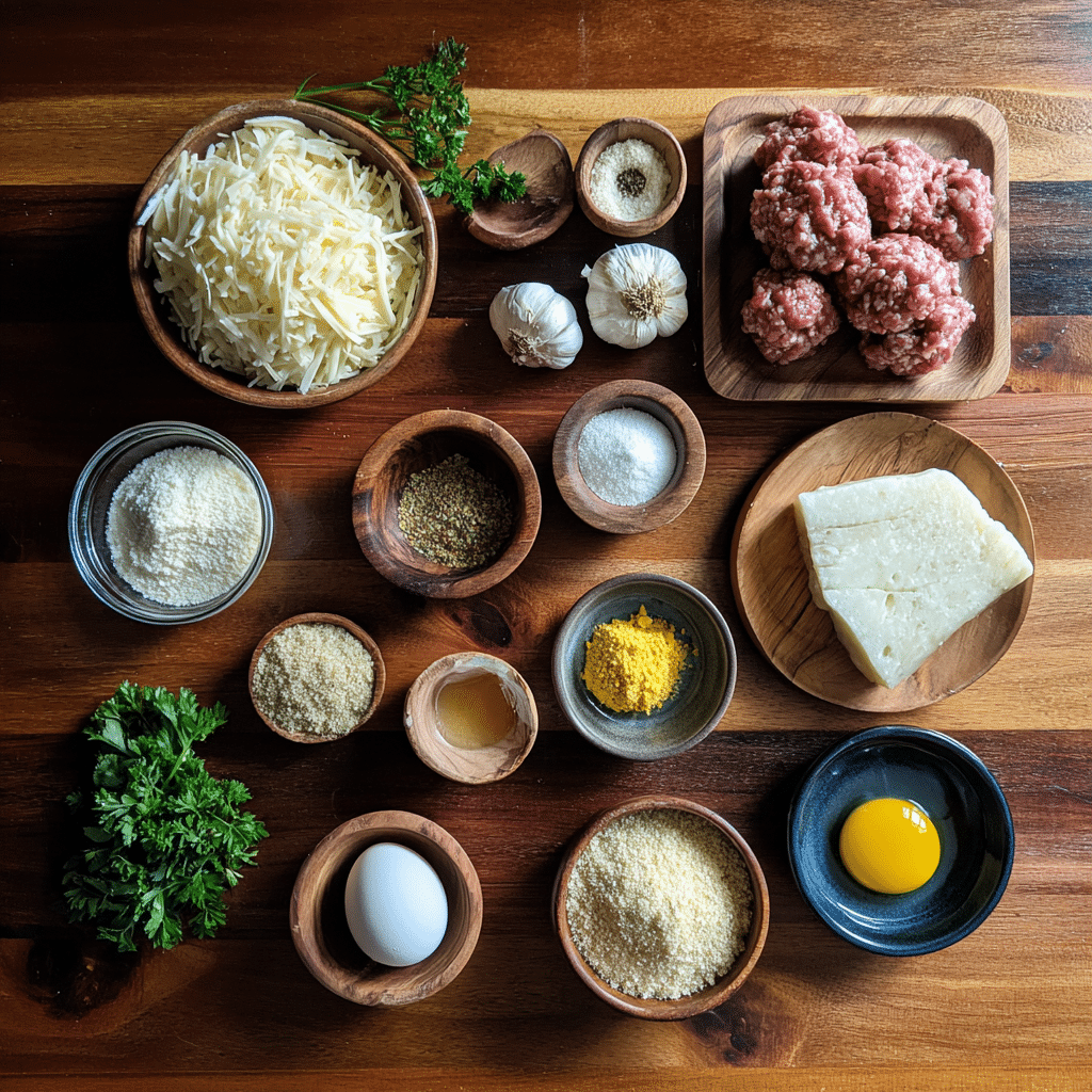 Ingredients for Garlic Parmesan Cheeseburger Bombs on a wooden counter