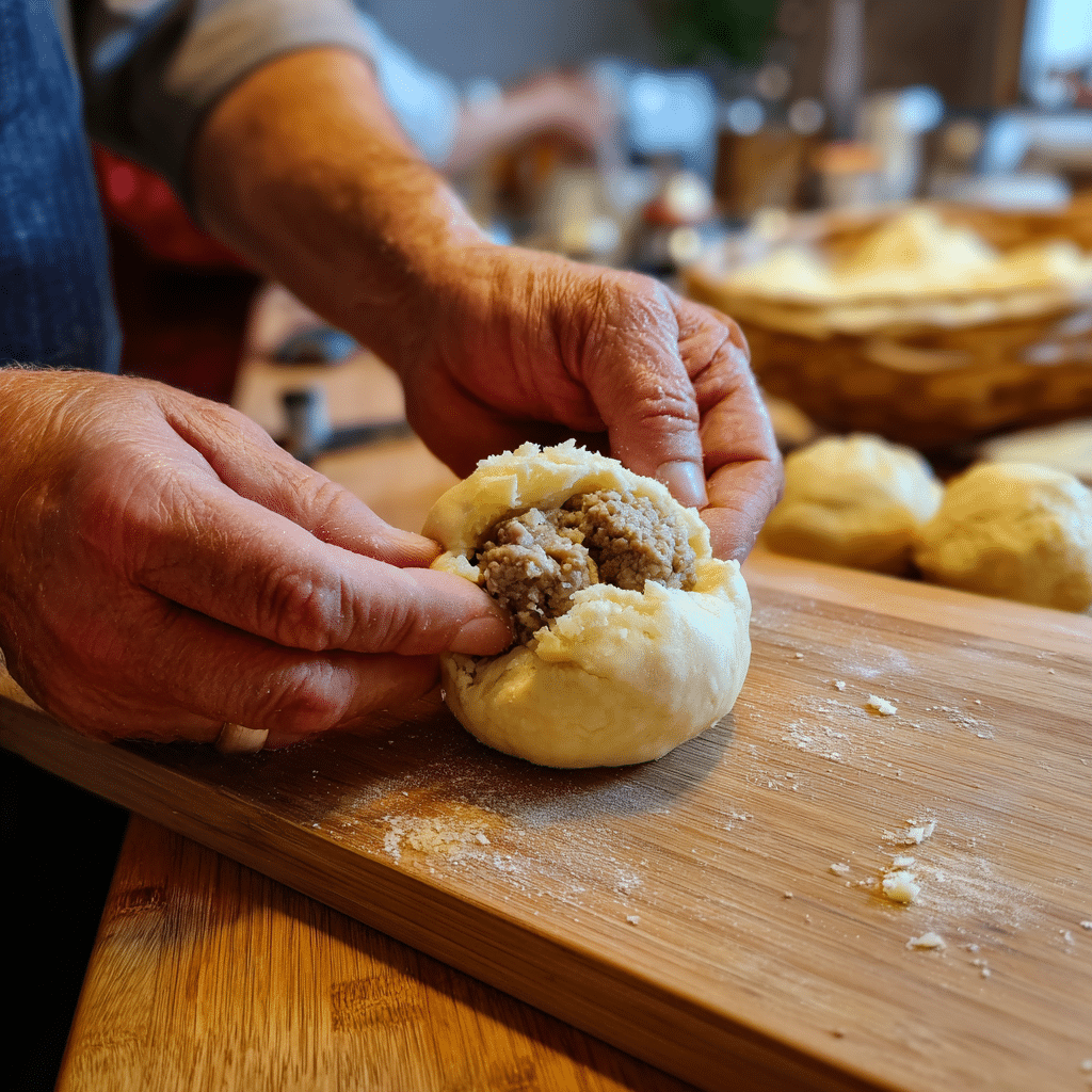  Hands shaping Garlic Parmesan Cheeseburger Bombs with mozzarella center