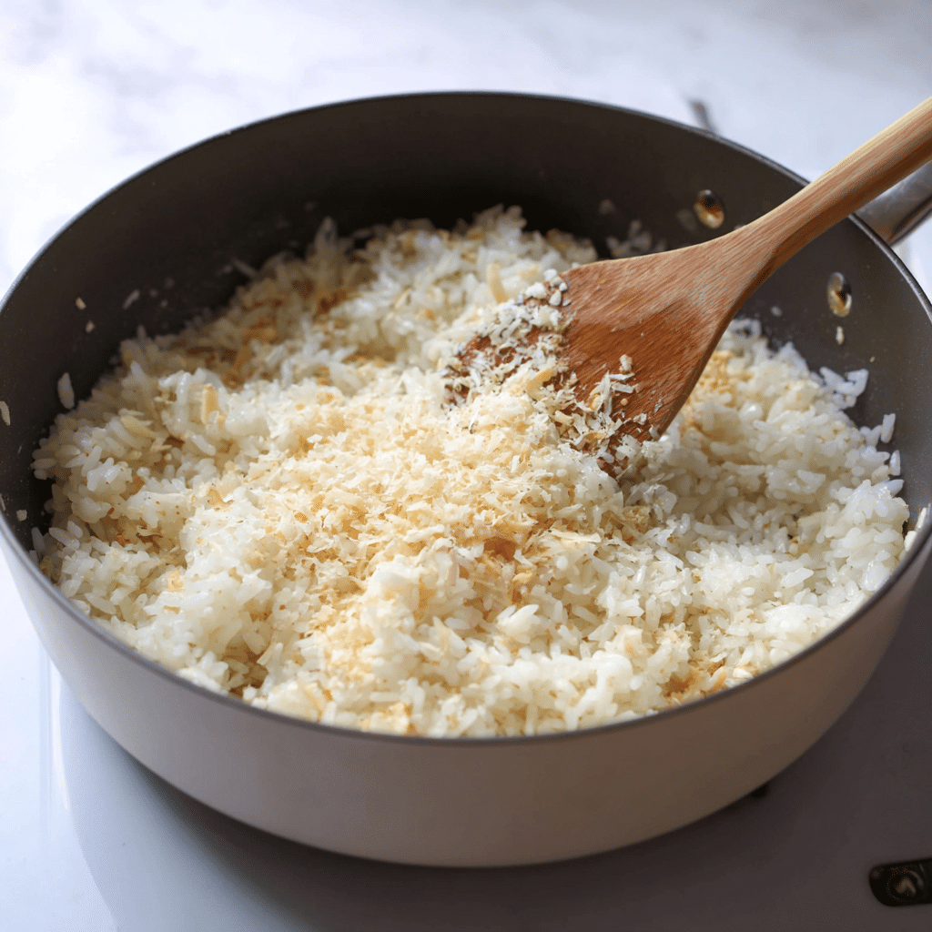 Cooking garlic Parmesan rice for chicken scampi dinner