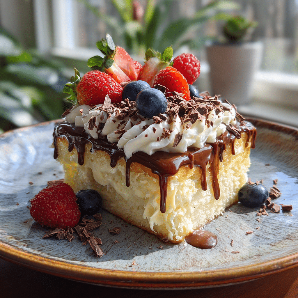 Boston Cream Poke Cake slice with berries and chocolate curls