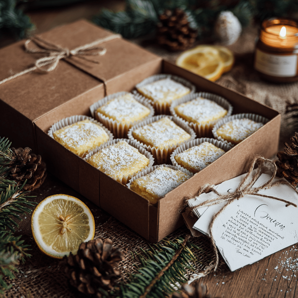 Gift box of Two Ingredient Lemon Bars ready for holiday giving