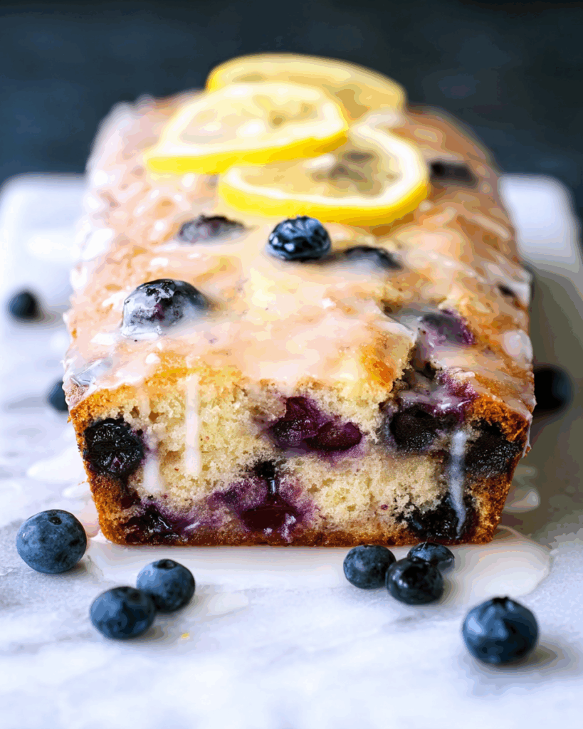 Pouring lemon glaze on blueberry bread