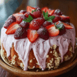 homemade strawberry Italian cream pound cake with frosting and strawberries