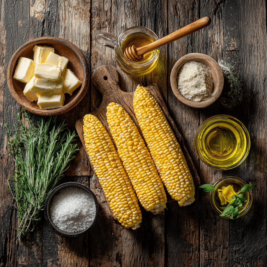 Ingredients for making Honey Butter Skillet Corn on wooden table