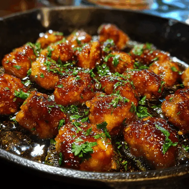 Honey Garlic Chicken Bites in sticky glaze with parsley garnish