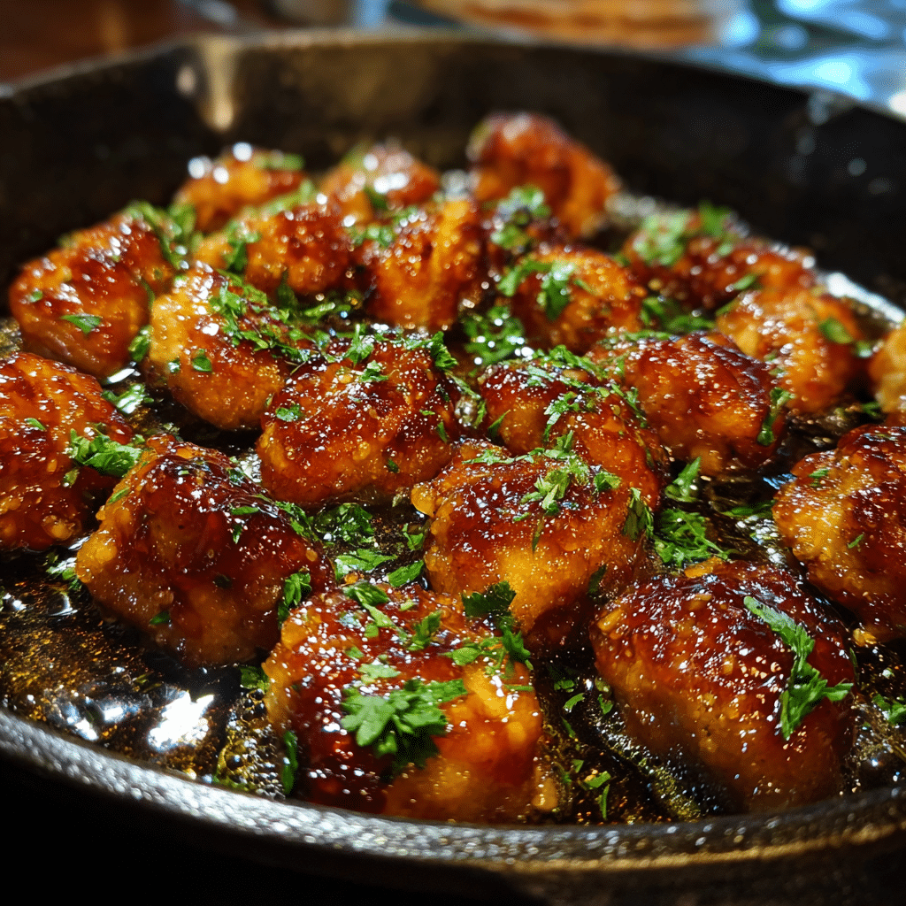 Honey Garlic Chicken Bites in sticky glaze with parsley garnish