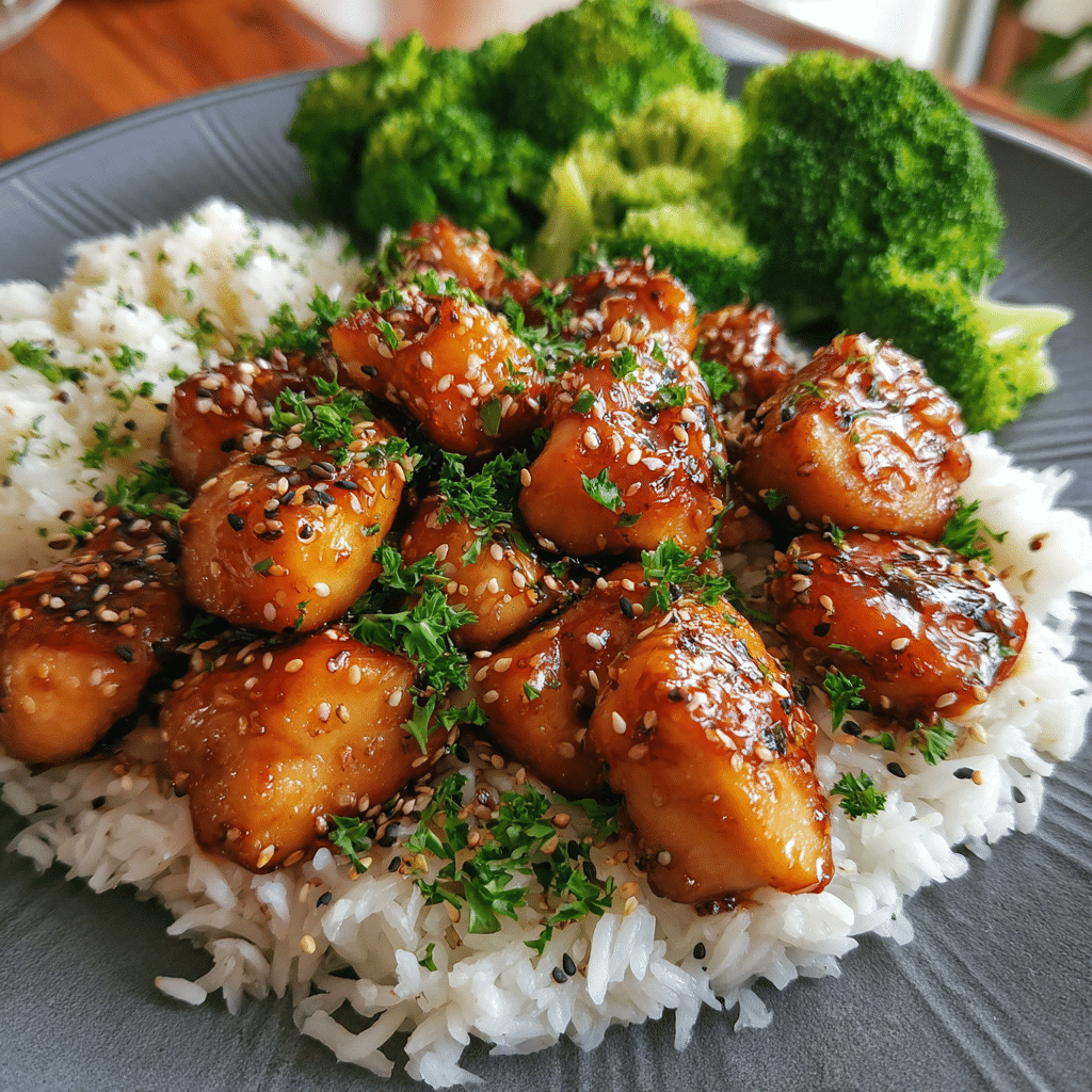 Honey Garlic Chicken Bites served with rice and broccoli