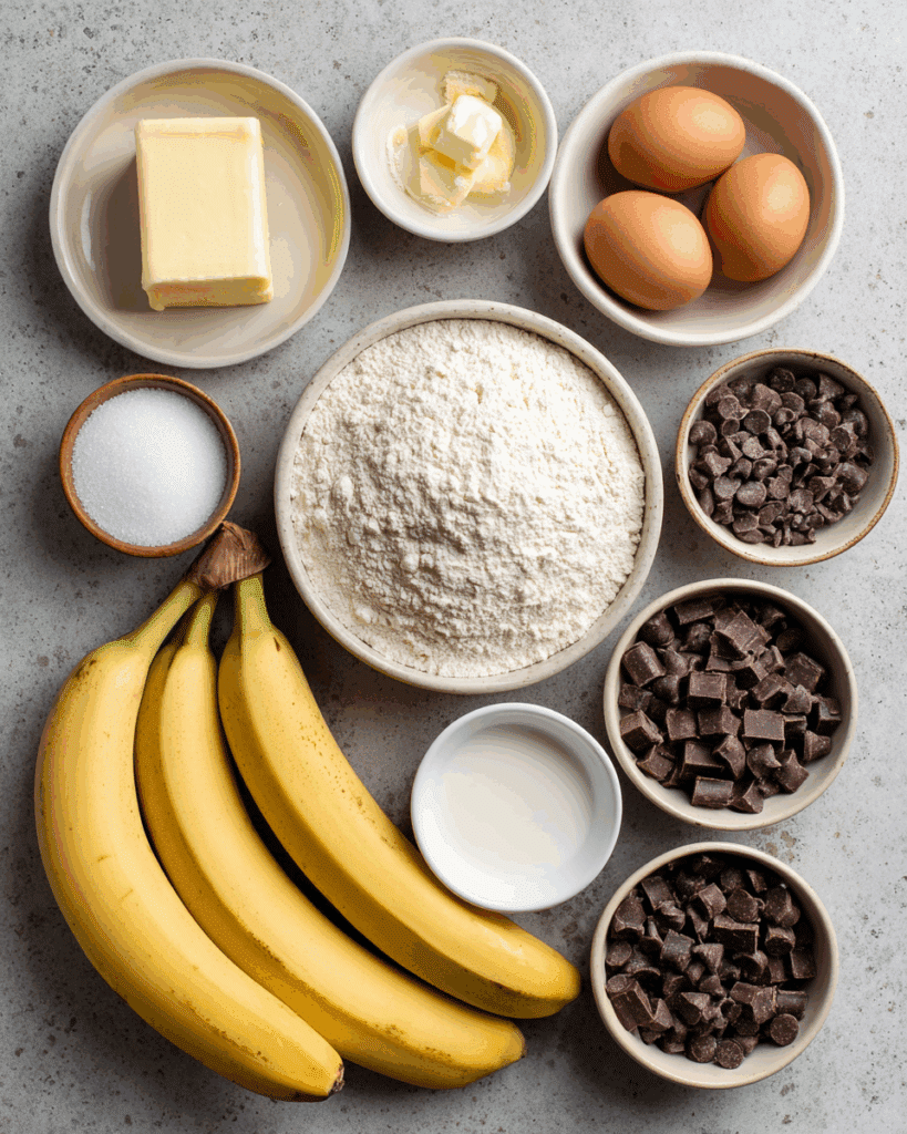 Ingredients for chocolate chip banana bread recipe