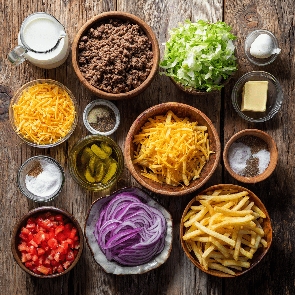 Ingredients for cheeseburger loaded fries including fries, beef, cheese, and fresh toppings
