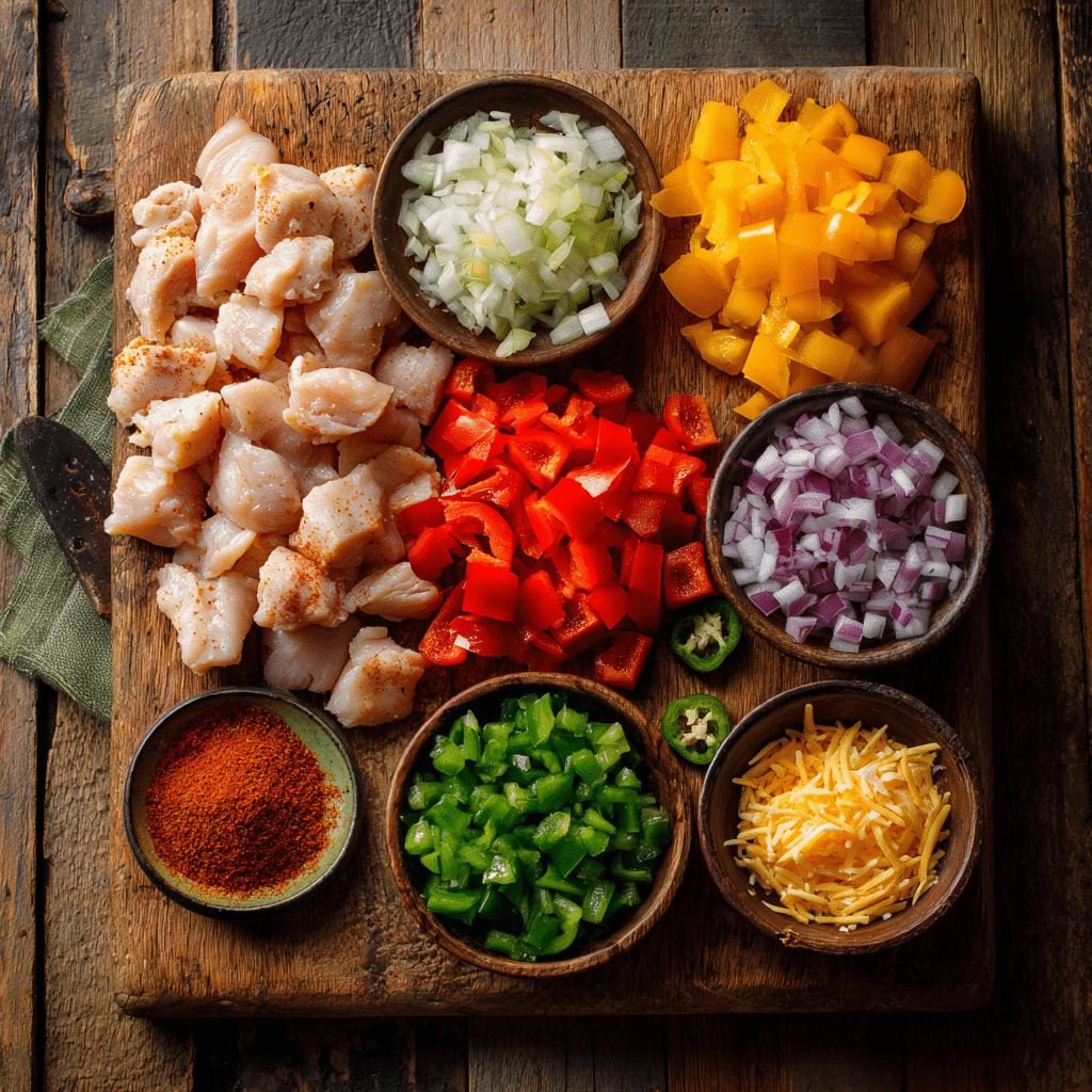 Ingredients for queso chicken fajita skillet