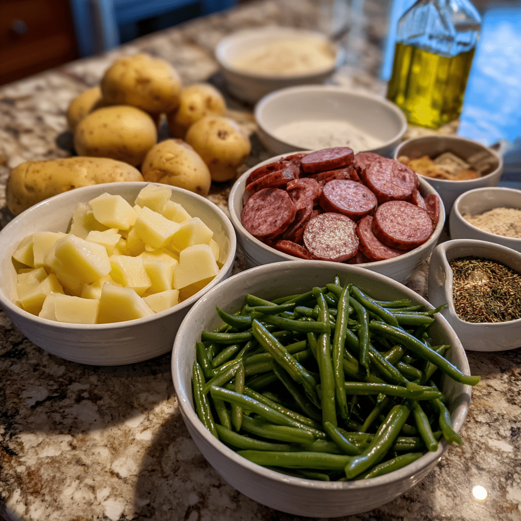 Ingredients for sheet pan sausage with potatoes & green beans