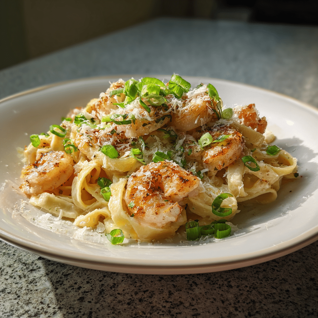  Plated Jerk Shrimp Fettuccine Alfredo with green onion garnish