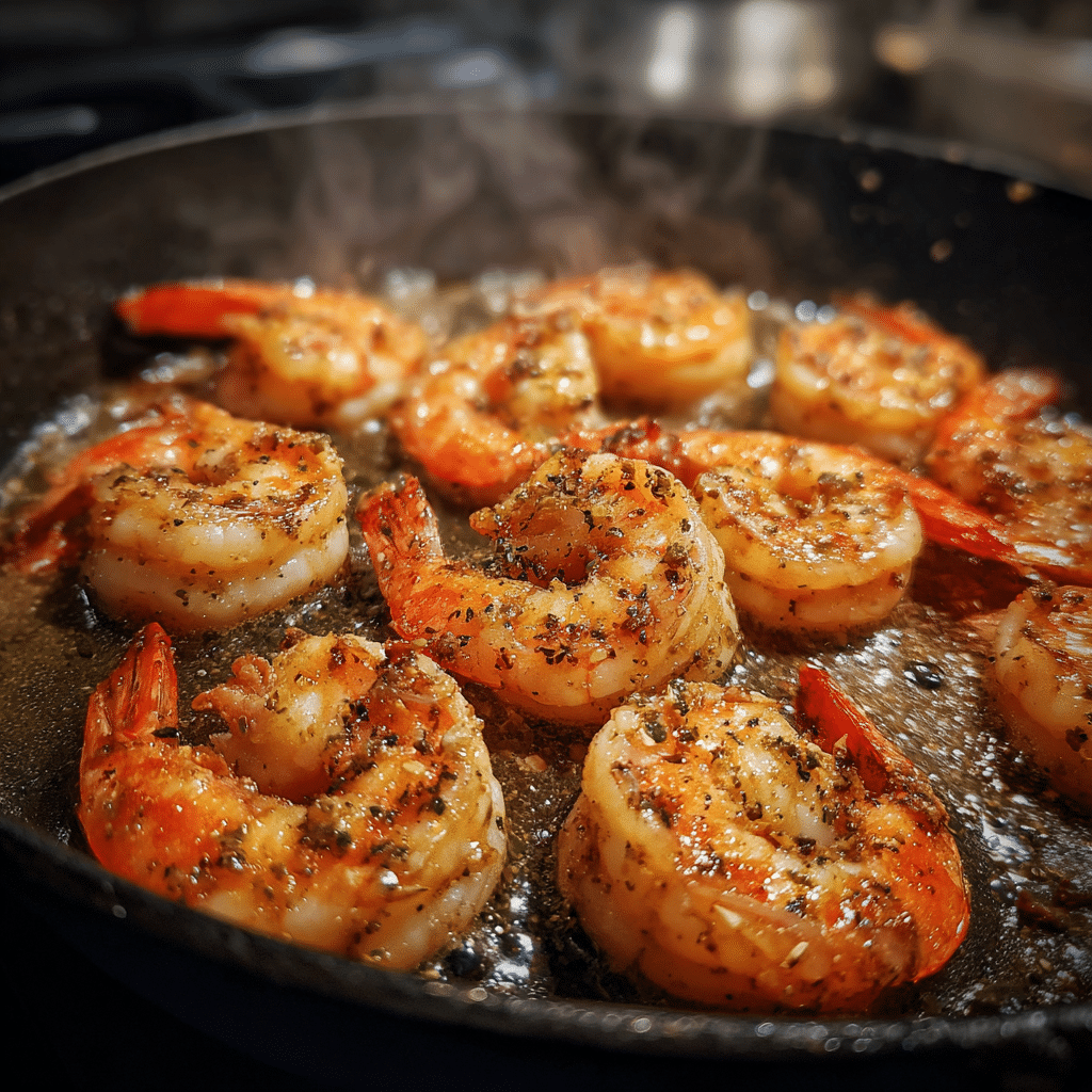 Jerk shrimp cooking in butter with spices for fettuccine Alfredo