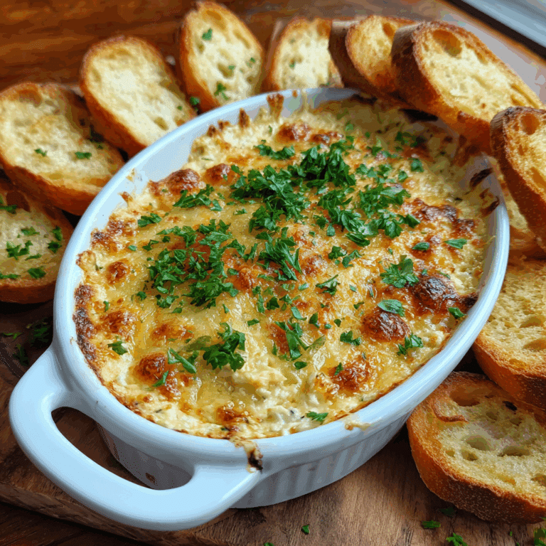 Joe’s Crab Shack Crab Dip served hot in a ceramic dish with baguette slices