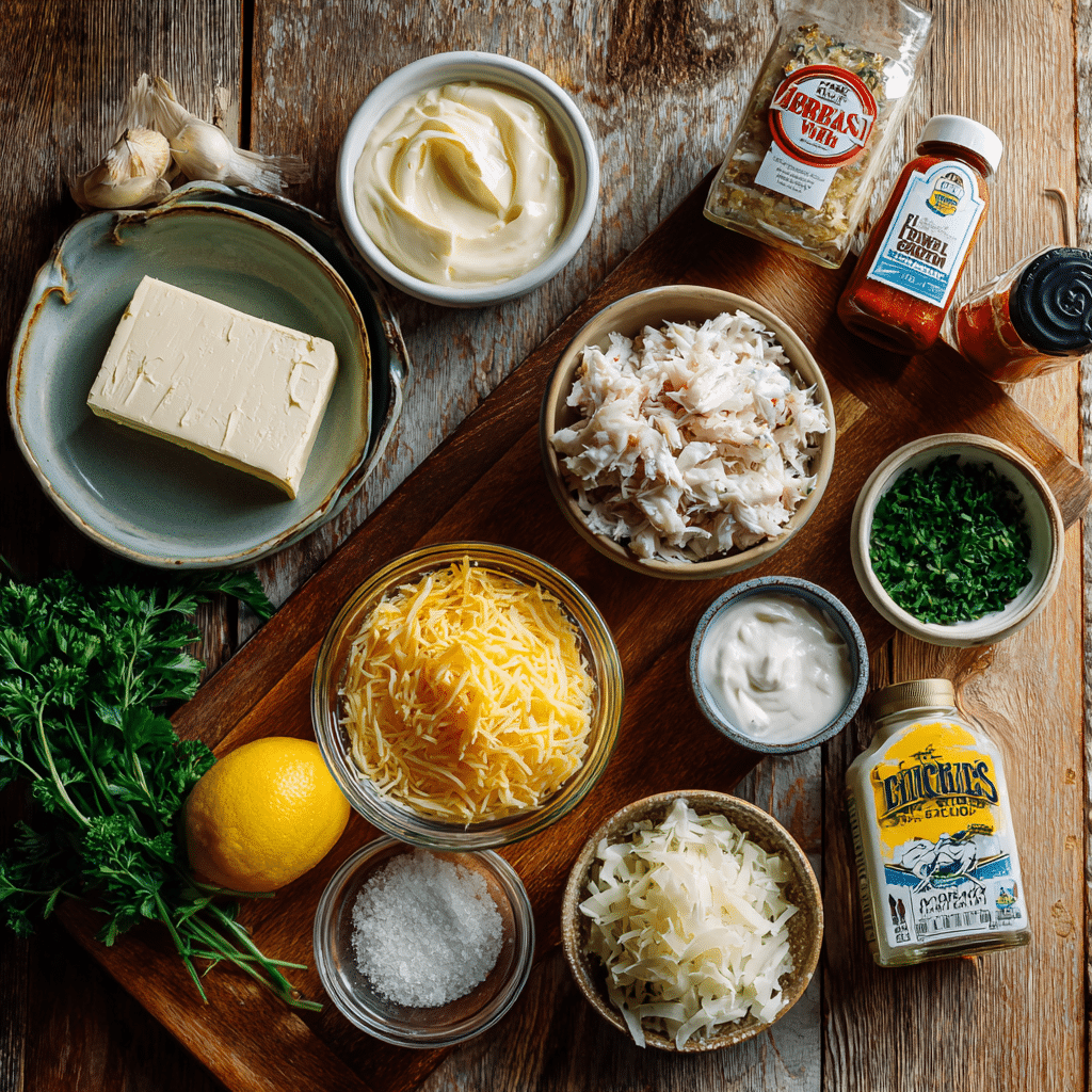 Ingredients for Joe’s Crab Shack Crab Dip on a rustic kitchen counter