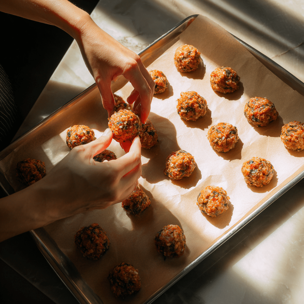Preparing Korean BBQ Meatballs for baking
