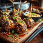 Korean BBQ Meatballs with Spicy Mayo Dip served hot