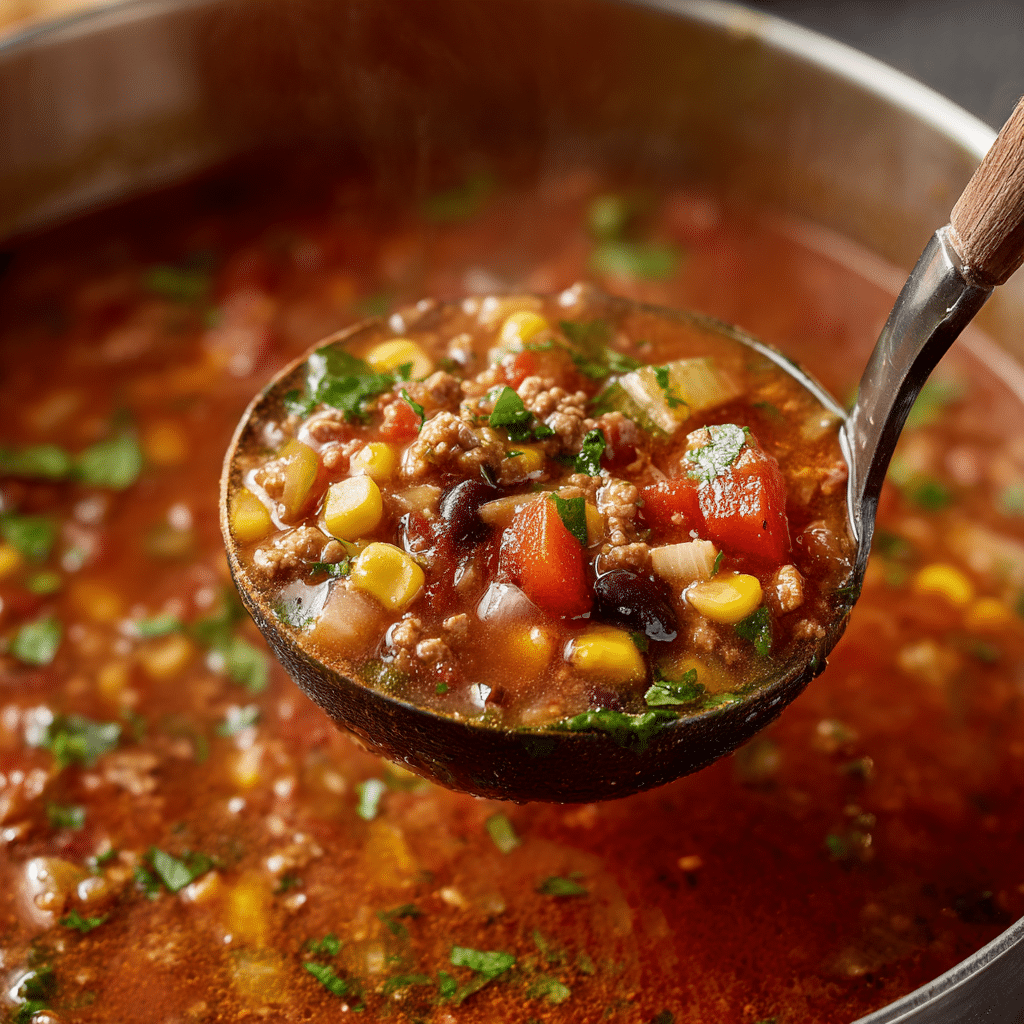 Ladle filled with Ranch Taco Soup ready to serve