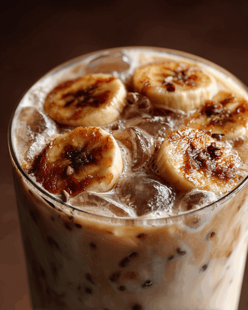 Layered caramelized banana iced latte in glass