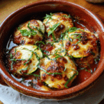 Layered Zucchini Ricotta Melts with Marinara in rustic baking dish