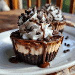 Loaded Brownie Cheesecake Cup with chocolate drizzle and whipped cream