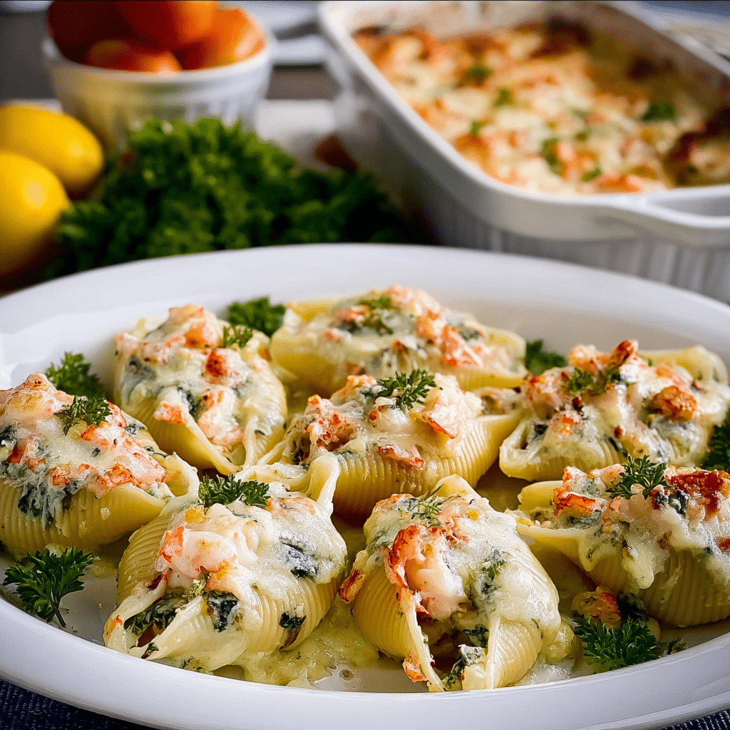 Plated creamy lobster shrimp stuffed shells garnished with lemon and herbs
