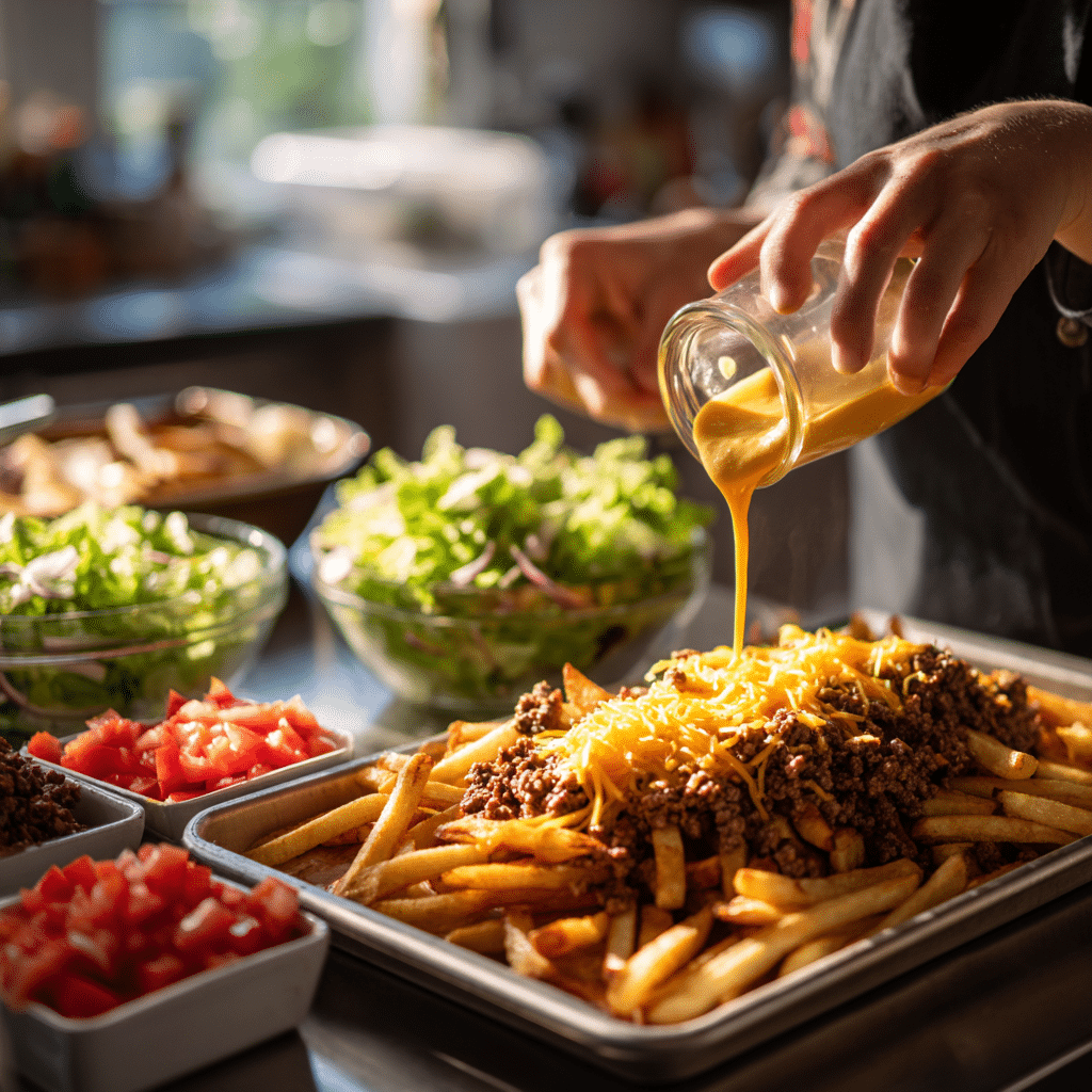  Step-by-step preparation of cheeseburger loaded fries with cheese sauce and beef