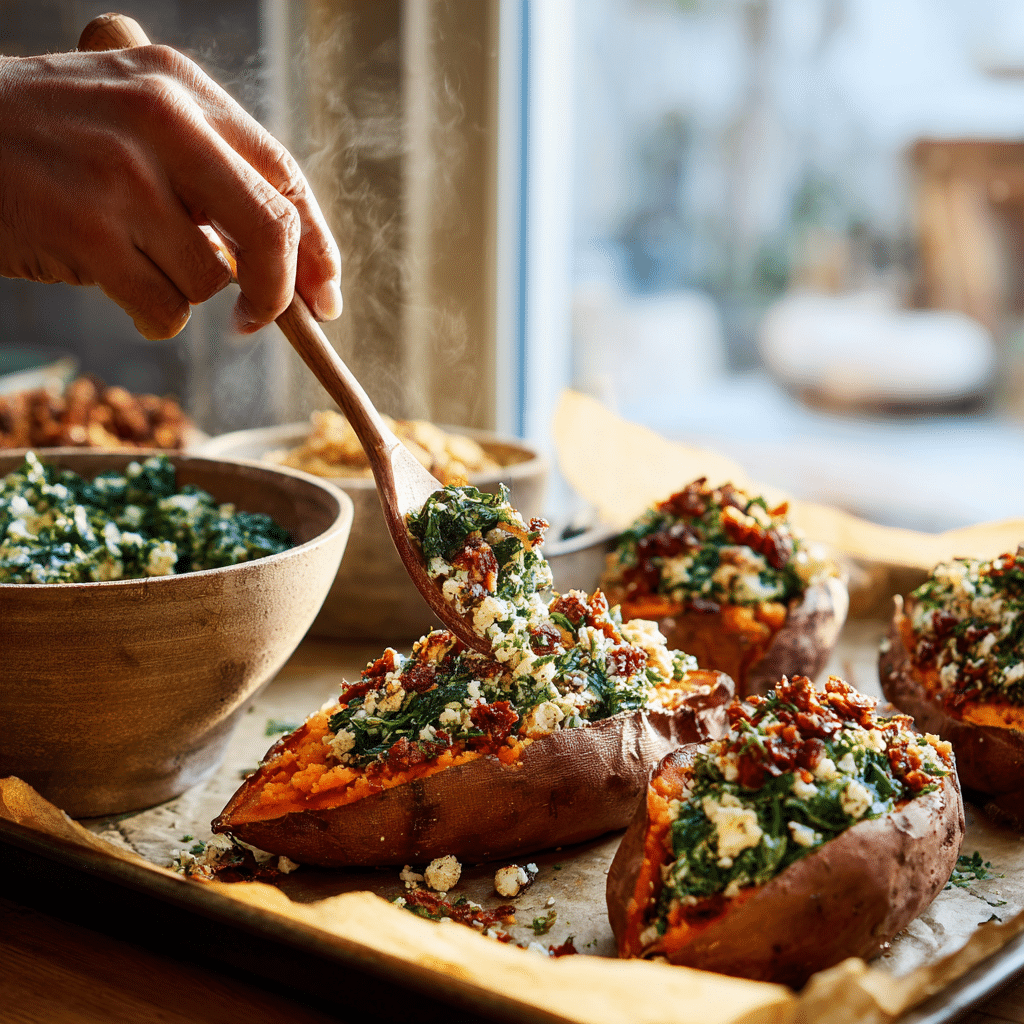 Preparing Spinach and Feta Stuffed Sweet Potatoes step by step