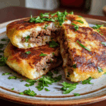 Mashed Potato Pancakes with Meat Filling close up