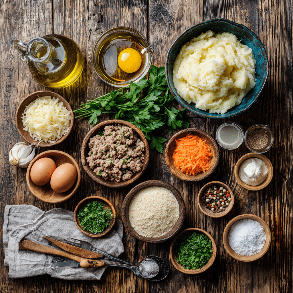 Ingredients for Mashed Potato Pancakes with Meat Filling on wooden counter