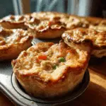 Freshly baked Mini Chicken Pot Pies with golden crust in muffin tin