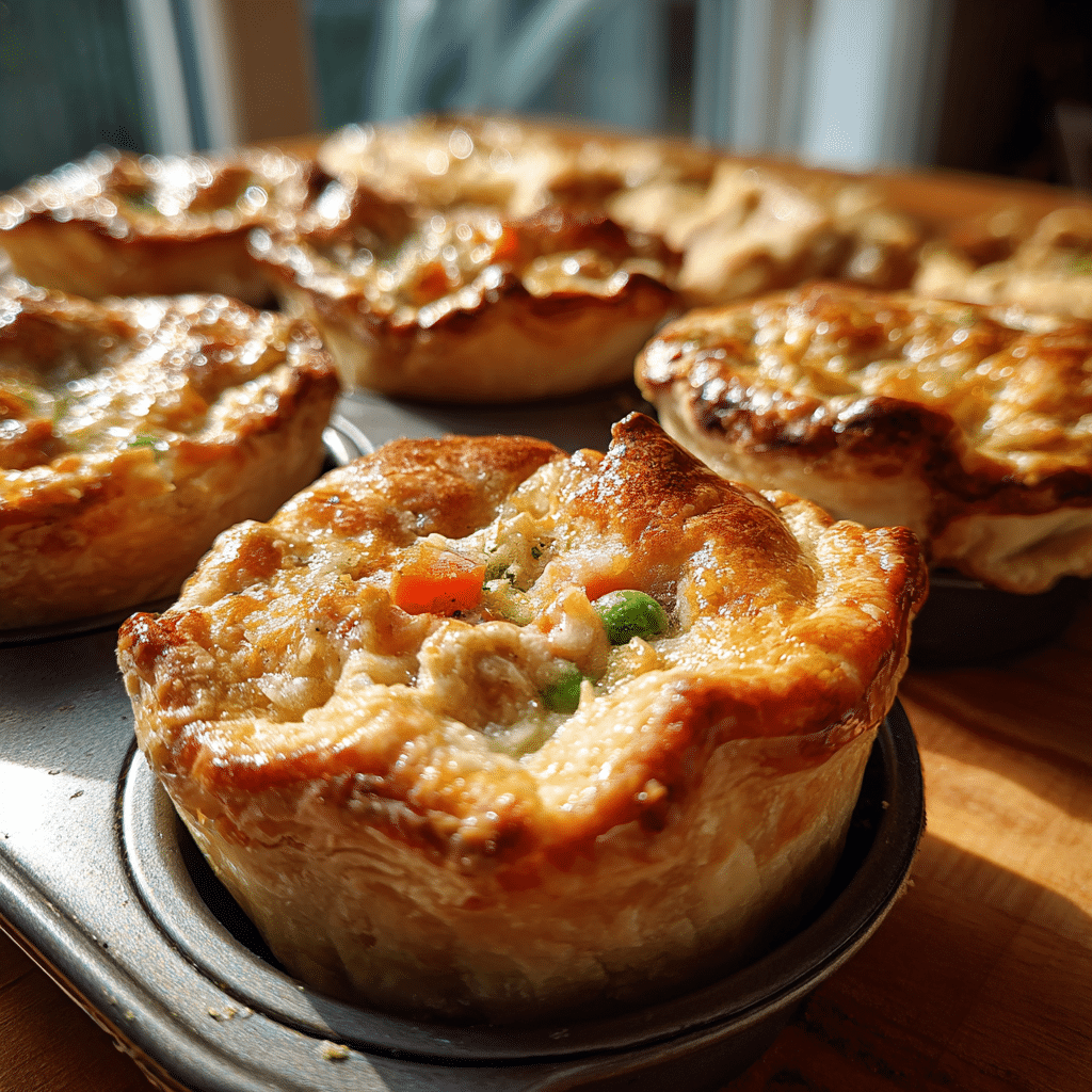 Freshly baked Mini Chicken Pot Pies with golden crust in muffin tin
