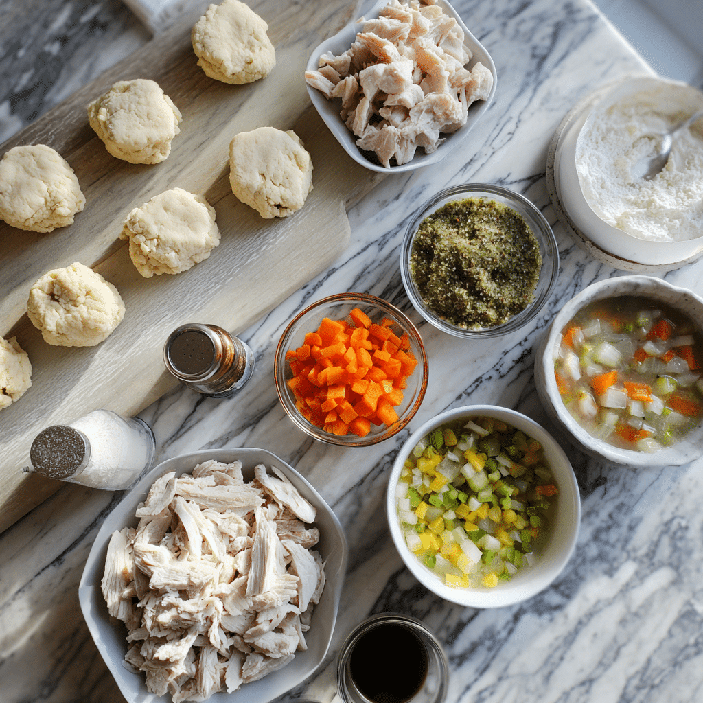 Ingredients for Mini Chicken Pot Pies arranged on kitchen counter