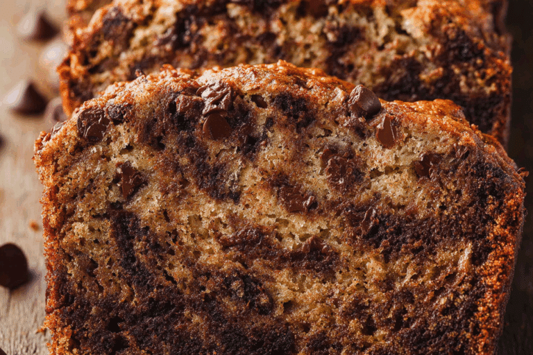 Moist chocolate chip banana bread recipe on a wooden board
