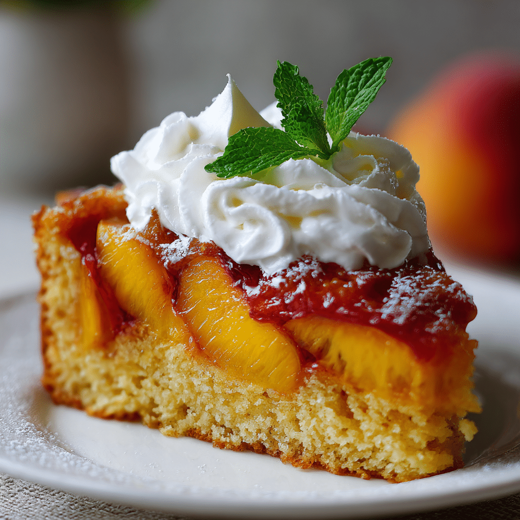 summer peach cake served with ice cream and mint garnish