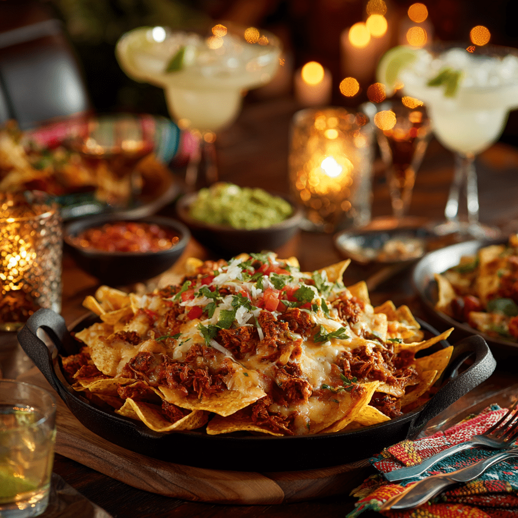 Ultimate Loaded Nachos paired with margaritas and sides