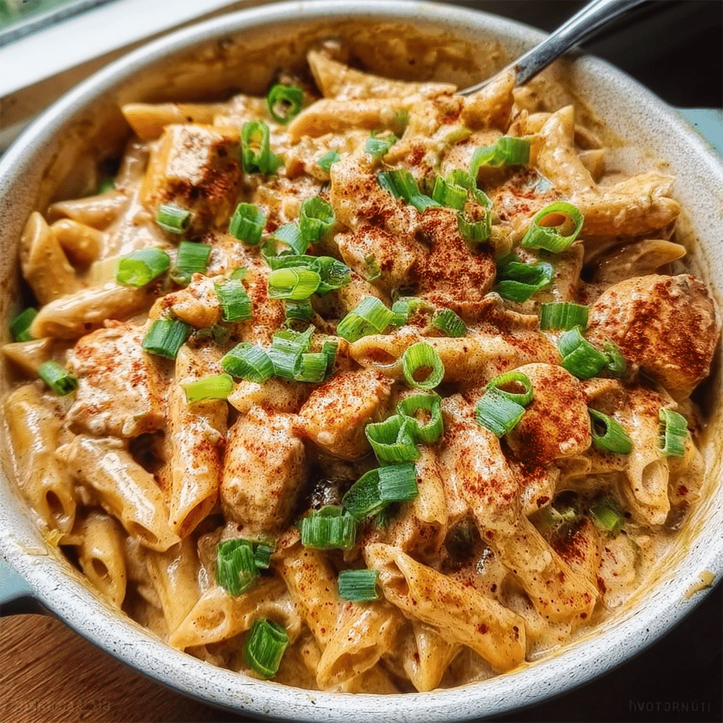 One Pot Creamy Cajun Chicken Pasta in rustic bowl