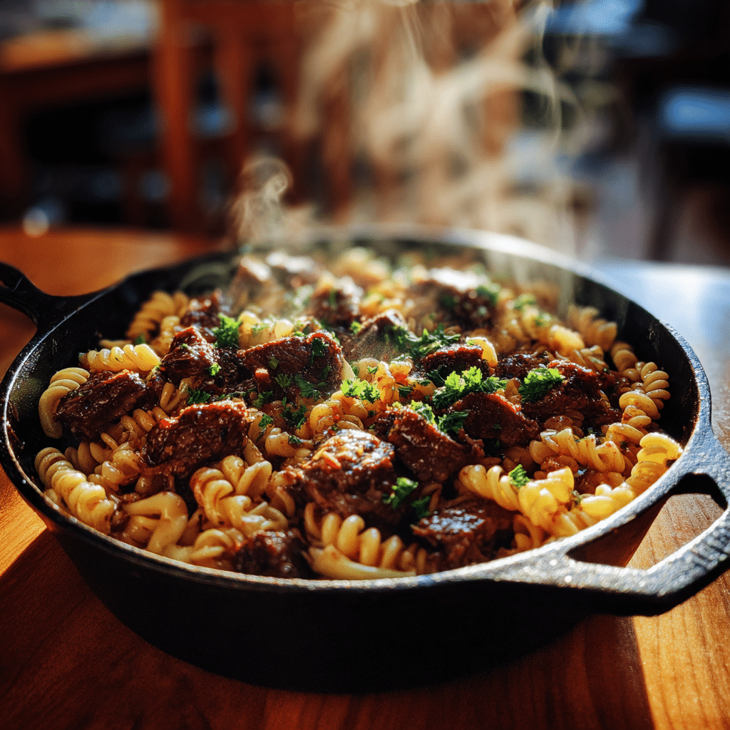 One-Pot Smoky Honey BBQ Steak Pasta in cast iron skillet with parsley garnish