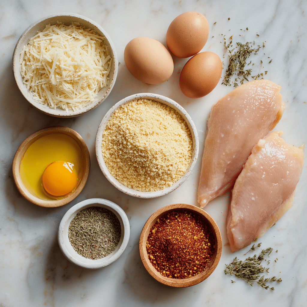 Ingredients for Longhorn Parmesan Chicken laid out on a countertop