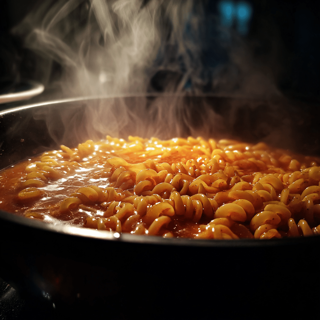  Pasta simmering in smoky honey BBQ sauce for one-pot steak pasta