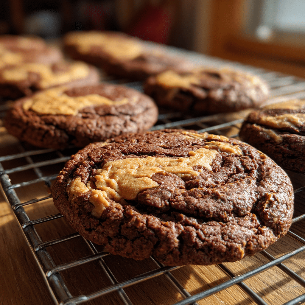 Peanut Butter Swirl Brownie Cookies fresh from oven