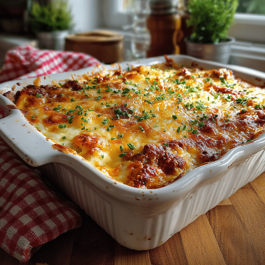 Poor Man Husband Casserole freshly baked with golden cheese topping